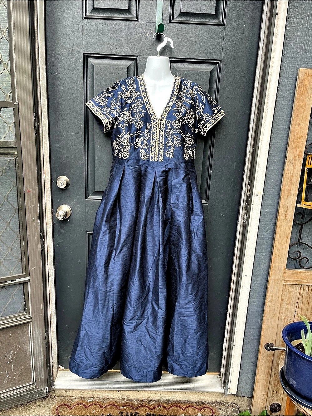 Edwardian Fancies Embroidered Floral Maxi Dress in Blue & Gold